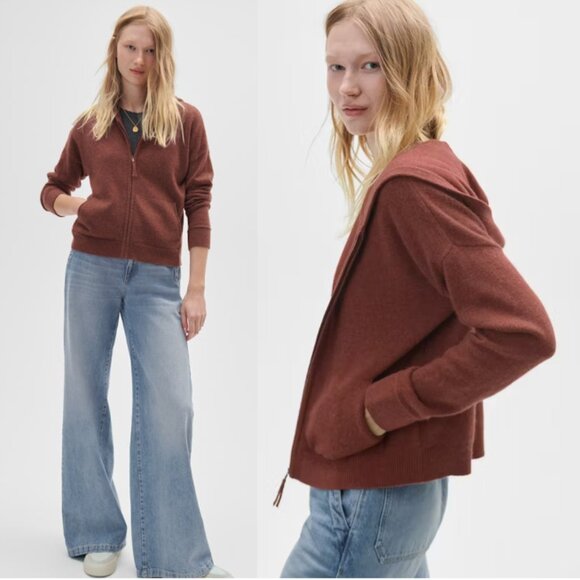 WRAP LONDON Cashmere Organic Cotton Zip-Up Hoodie Merlot Chilli Size US 14 - Picture 1 of 9